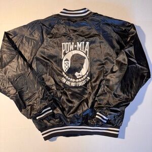Vtg Hartwell POW MIA Military Veteran 90’s Black Satin Bomber Jacket USA Size L